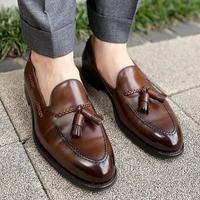 Top Fashion Men's Hand Stitch Dark Brown Tassels Loafer Leather Shoes - Thumbnail 1
