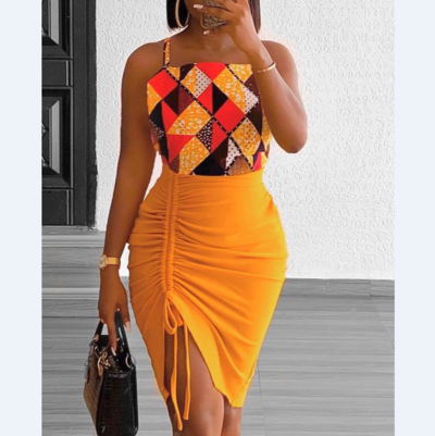 Yellow Print Sling Sleeveless Dress Set