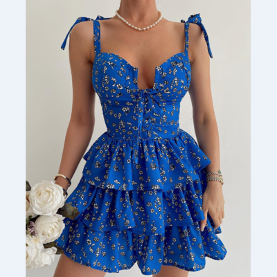 Casual sling blue floral sleeveless dress