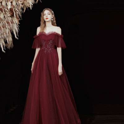Burgundy tulle sequins long prom dress evening dress - Thumbnail 1