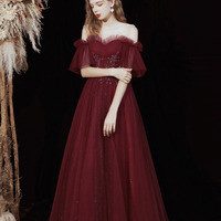 Burgundy tulle sequins long prom dress evening dress - Thumbnail 1