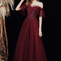 Burgundy tulle sequins long prom dress evening dress - Thumbnail 2