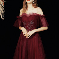Burgundy tulle sequins long prom dress evening dress - Thumbnail 3