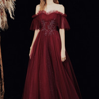 Burgundy tulle sequins long prom dress evening dress - Thumbnail 5