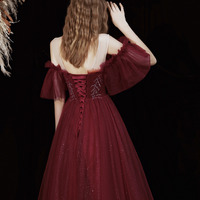 Burgundy tulle sequins long prom dress evening dress - Thumbnail 4