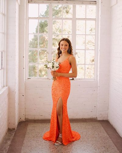 Sparkly Mermaid V Neck Straps Orange Sequins Long Prom Dresses with Slit
