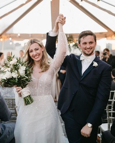 Sparkly A Line Long Sleeves Handmade Beading White Wedding Dresses