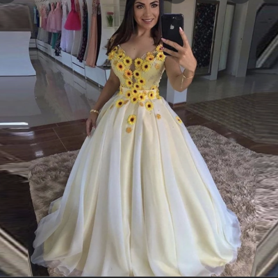 V neck prom dresses with sunflowers - Thumbnail 1