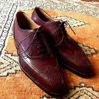 Western style hand stitch burgundy oxfords leather lace up shoes, wingtip dress wear shoes - Thumbnail 2