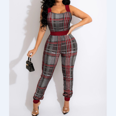 Casual plaid slim sleeveless jumpsuit