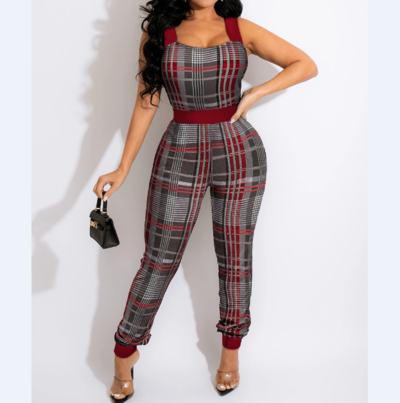 Casual Plaid Slim Sleeveless Jumpsuit