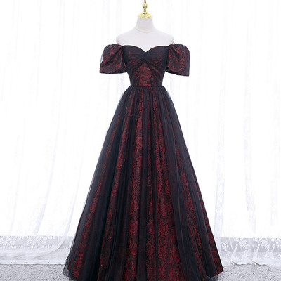 Black tulle long prom dress a-line evening dress - Thumbnail 2