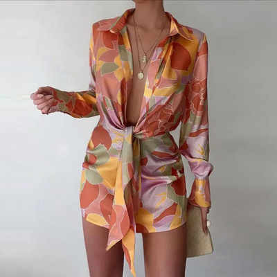 Long sleeve women's temperament sexy print dress