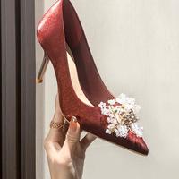 Red High Heels Women Stiletto Wedding Shoes Pearl Bridesmaid Pointed Toe Ladies Shoes - Thumbnail 1