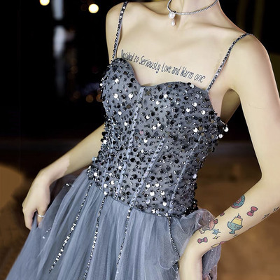 Gray tulle beaded long prom dress a-line evening dress - Thumbnail 2