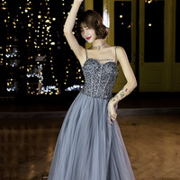 Gray tulle beaded long prom dress A-line evening dress - Thumbnail 2