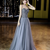 Gray tulle beaded long prom dress A-line evening dress - Thumbnail 1