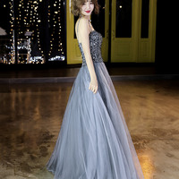Gray tulle beaded long prom dress A-line evening dress - Thumbnail 3