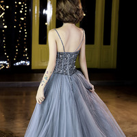 Gray tulle beaded long prom dress A-line evening dress - Thumbnail 4