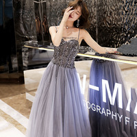 Gray tulle beaded long prom dress A-line evening dress - Thumbnail 5