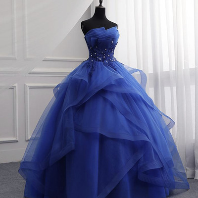 Blue tulle lace long ball gown dress formal dress