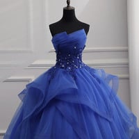 Blue tulle lace long ball gown dress formal dress - Thumbnail 1