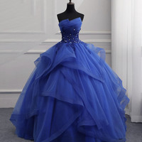 Blue tulle lace long ball gown dress formal dress - Thumbnail 2