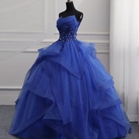 Blue tulle lace long ball gown dress formal dress - Thumbnail 3