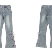 Summer Trendy Stylish Street Cute Pink Ribbon High Waist Jeans Pants - Thumbnail 5