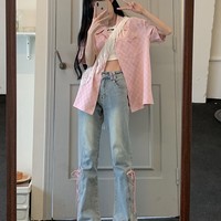 Summer Trendy Stylish Street Cute Pink Ribbon High Waist Jeans Pants - Thumbnail 3