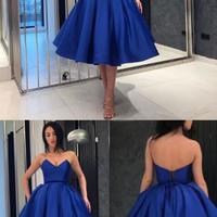 Vintage Royal Blue Knee Length Stain Homecoming Dresses - Thumbnail 1