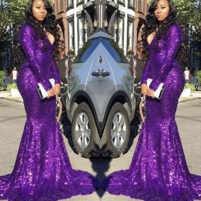 Sexy v neck grape sequin prom dresses with full sleeves - Thumbnail 5