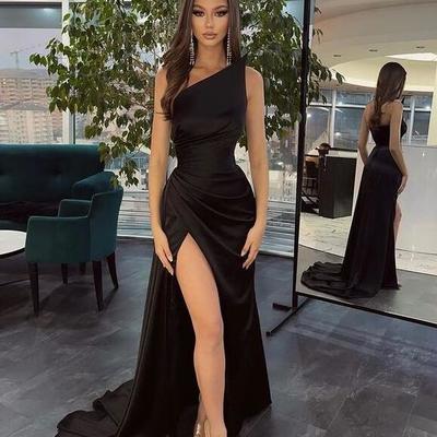 Sexy mermaid one shoulder black satin prom dress with slit - Thumbnail 2