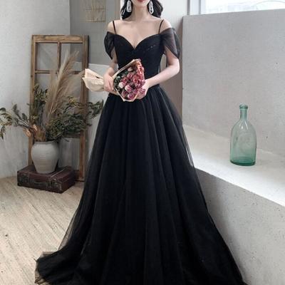 A line black v-neck tulle black evening dress - Thumbnail 4