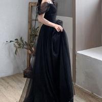 A Line Black V-neck tulle black evening dress - Thumbnail 1