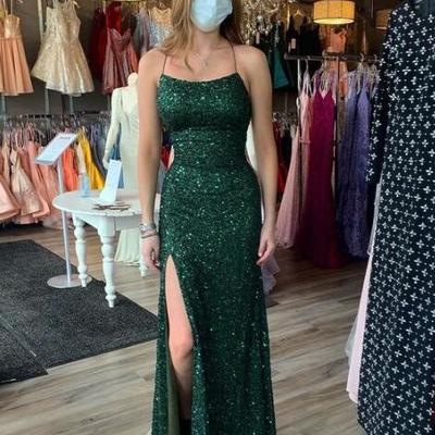 Sheath scoop neck dark green sequins split evening dress - Thumbnail 5