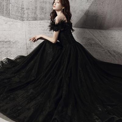 A line black tulle beads long evening dress