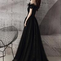 A line Black tulle beads long evening dress - Thumbnail 1