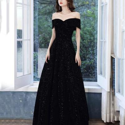 Off shoulder a line long black prom evening dress - Thumbnail 4