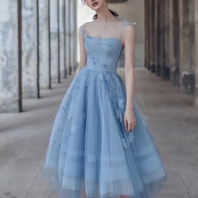 Cute blue tulle tea length prom dress  - Thumbnail 3