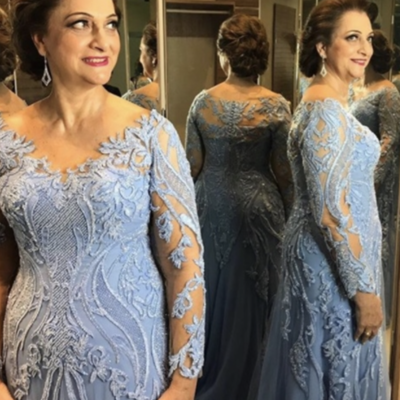 Dusty sky blue mother of the bride dresses with sleeves - Thumbnail 1