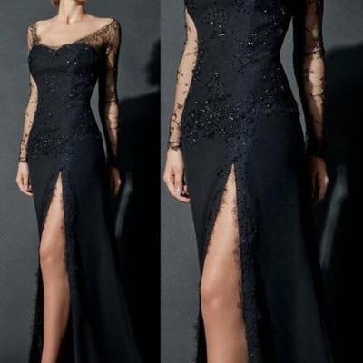 A line long sleeves lace split prom dresses