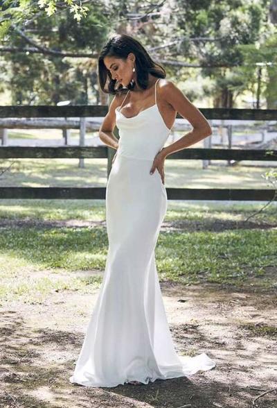 Spaghetti Straps Mermaid Cowl Neck Soft Satin Prom Dresses