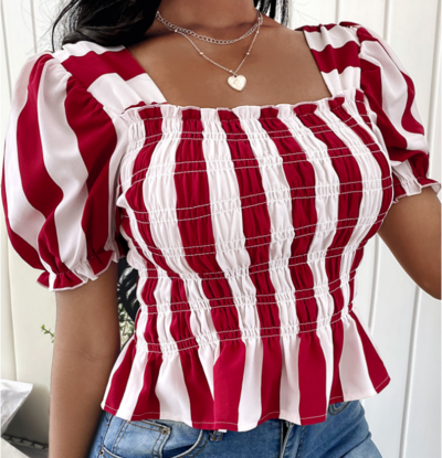 Sexy Short Sleeve Red Striped Shirt