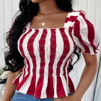 Sexy Short Sleeve Red Striped Shirt - Thumbnail 1