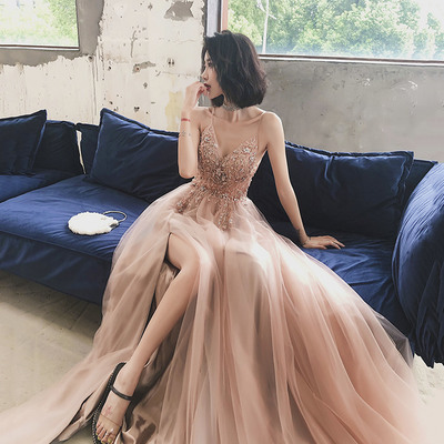 Stylish tulle beaded long prom dress evening dress - Thumbnail 3