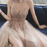 Stylish tulle beaded long prom dress evening dress - Thumbnail 1