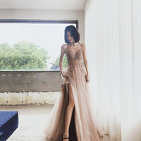 Stylish tulle beaded long prom dress evening dress - Thumbnail 3