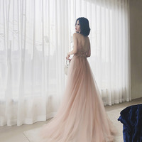 Stylish tulle beaded long prom dress evening dress - Thumbnail 6