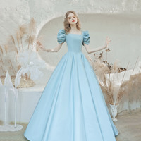 Blue Satin Princess Gown Evening Dress - Thumbnail 1